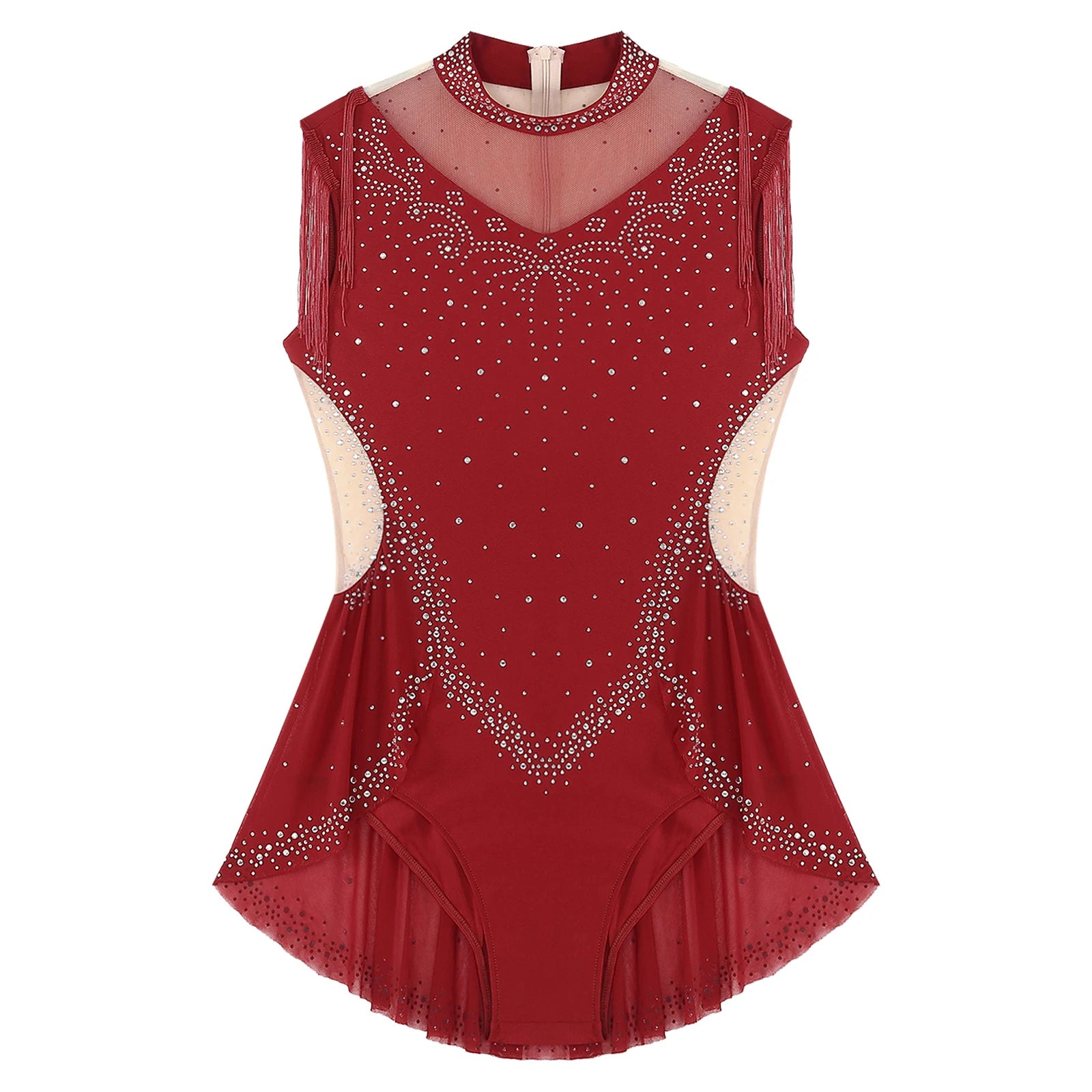 Rhinestone Mock Neck Mesh Tassel Leotard