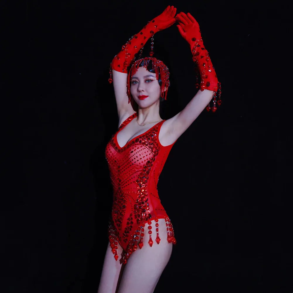 Sexy Nightclub Bar Gogo Dance Costume Red Rhinestones Fringe Mesh Bodysuit Gloves Performance Stage Wear Party Show Rave Outfits