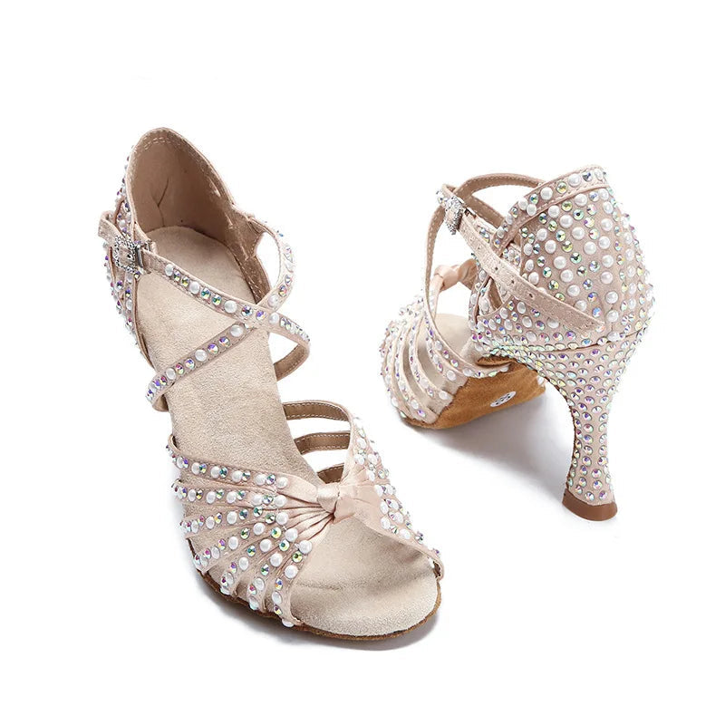 Sparkly AB Rhinestone Latin Dance Shoes Soft Bottom Ballroom Competition Heels
