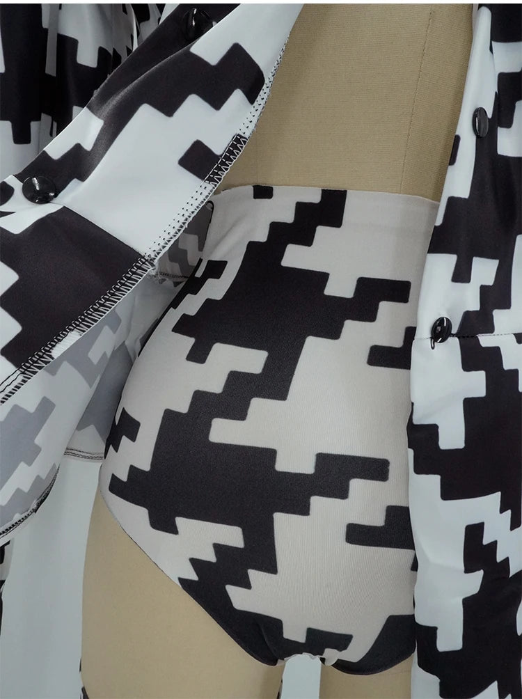 Houndstooth Geometric Print Bodysuit, Over-Knee Boots & Statement Hat 3-Piece Stage Costume Set