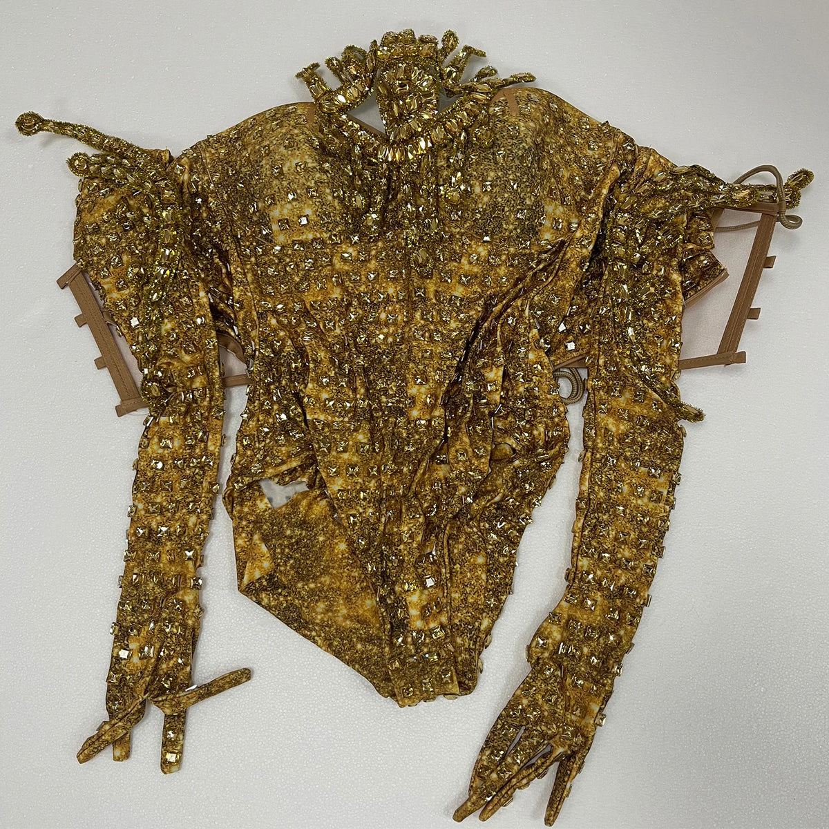 Vintage-Inspired Sparkly Rhinestones Gold Bodysuit Gloves Set