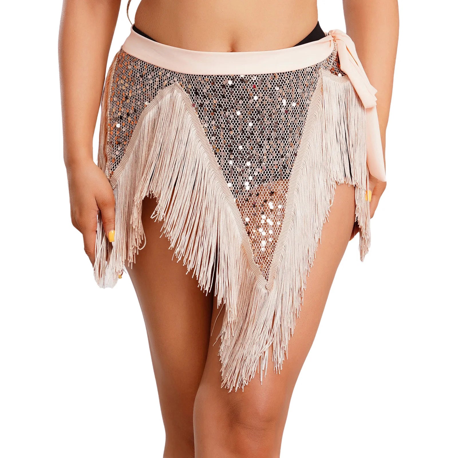 Glitter Sequin Fishnet Mesh Hip Scarf & Tassel Waist Wrap Belly Dance Skirt