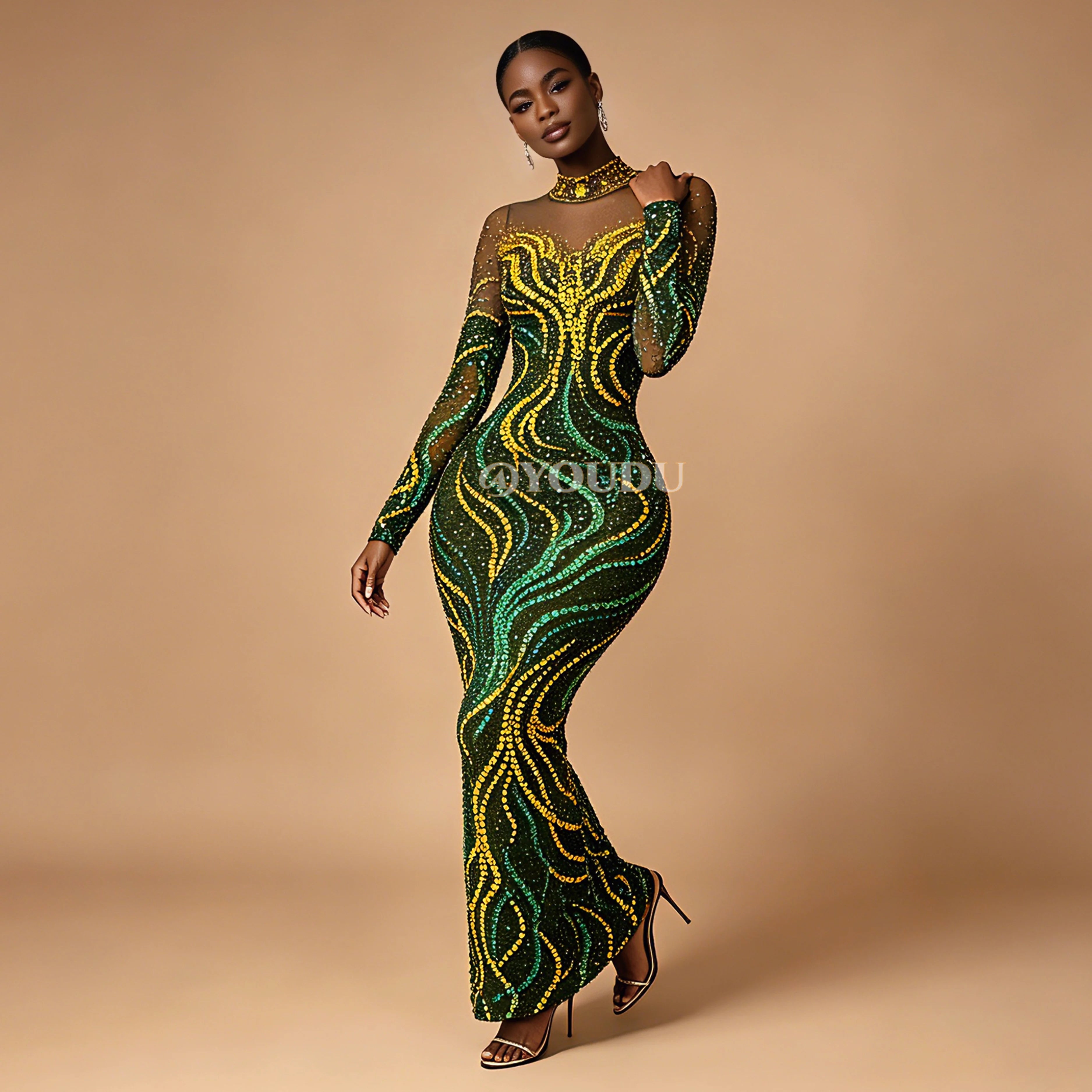 Gold & Emerald Swirl Rhinestone Illusion Maxi Gown Long Sleeve Floor-Length Evening Dress