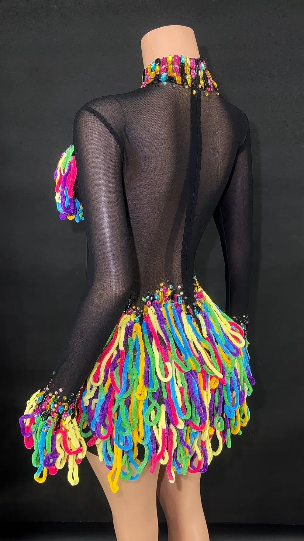 Rainbow Crystal Rhinestone Bodysuit Cascading Fringe Tassel Long-Sleeve Stage Costume