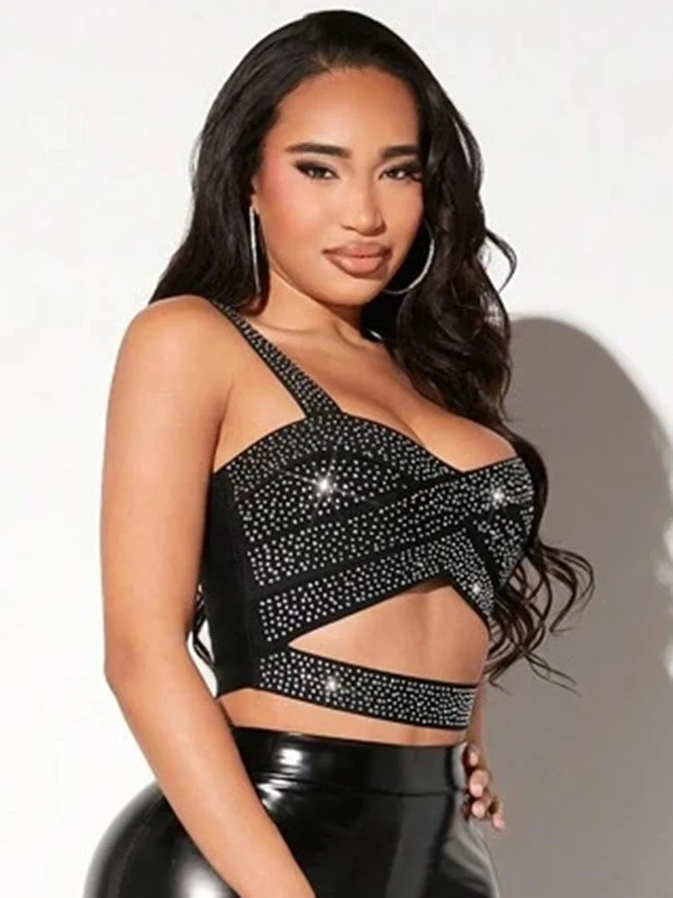 Black Crystal Strap Cutout Crop Top