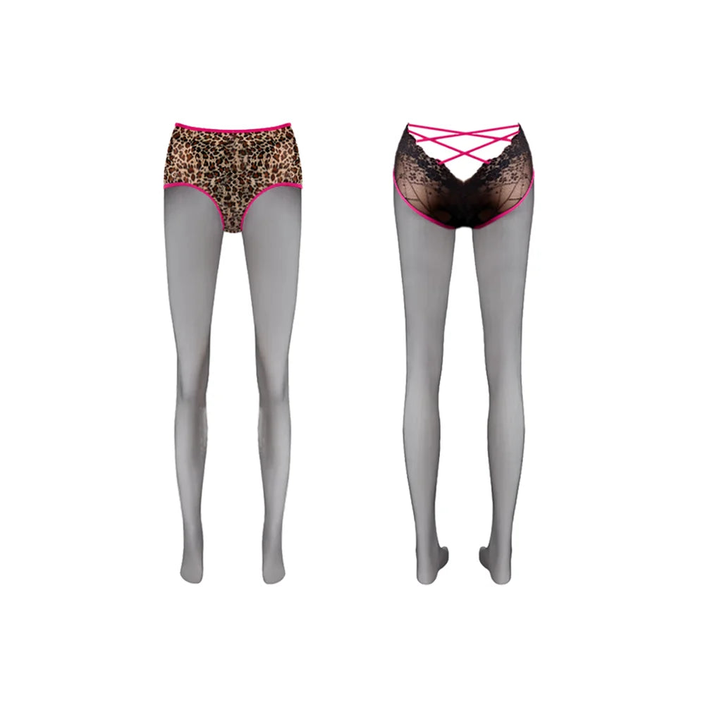 Sexy Women Leopard Briefs 2 In 1 Oil Shiny Stockings Thin Sheer See Through Hollow Out Bandage Shaping Pantyhose Maid Stockings