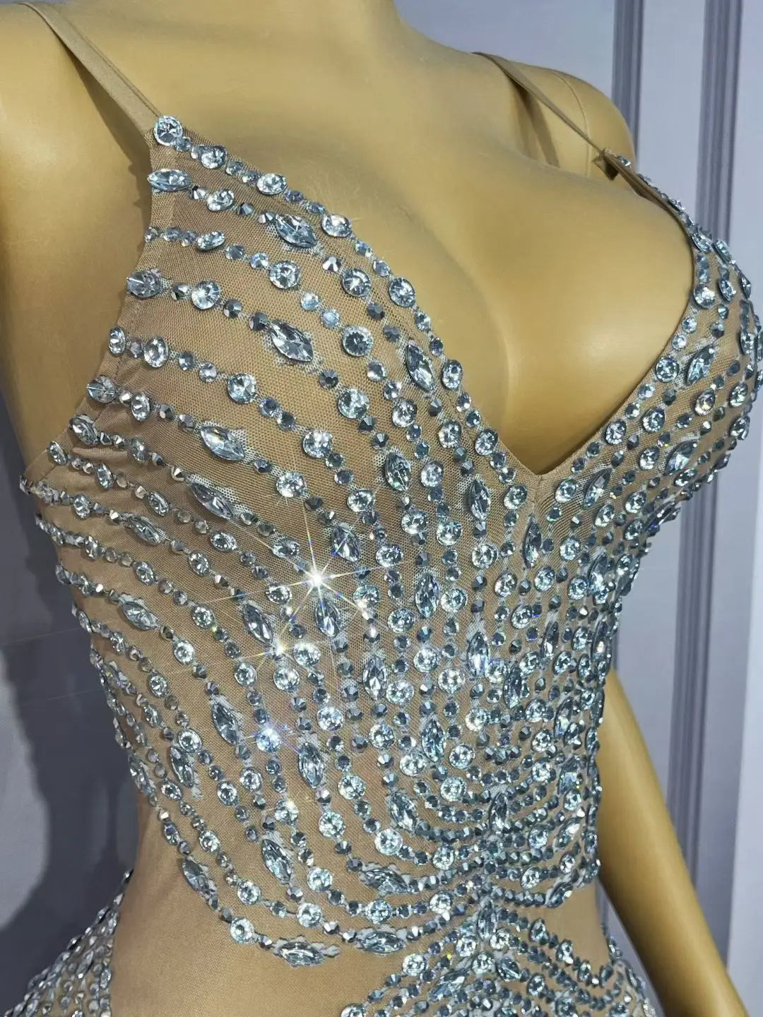 Sparkly Silver Rhinestone Tassel Sheer Mesh Stage Bodysuit Leotard Costume