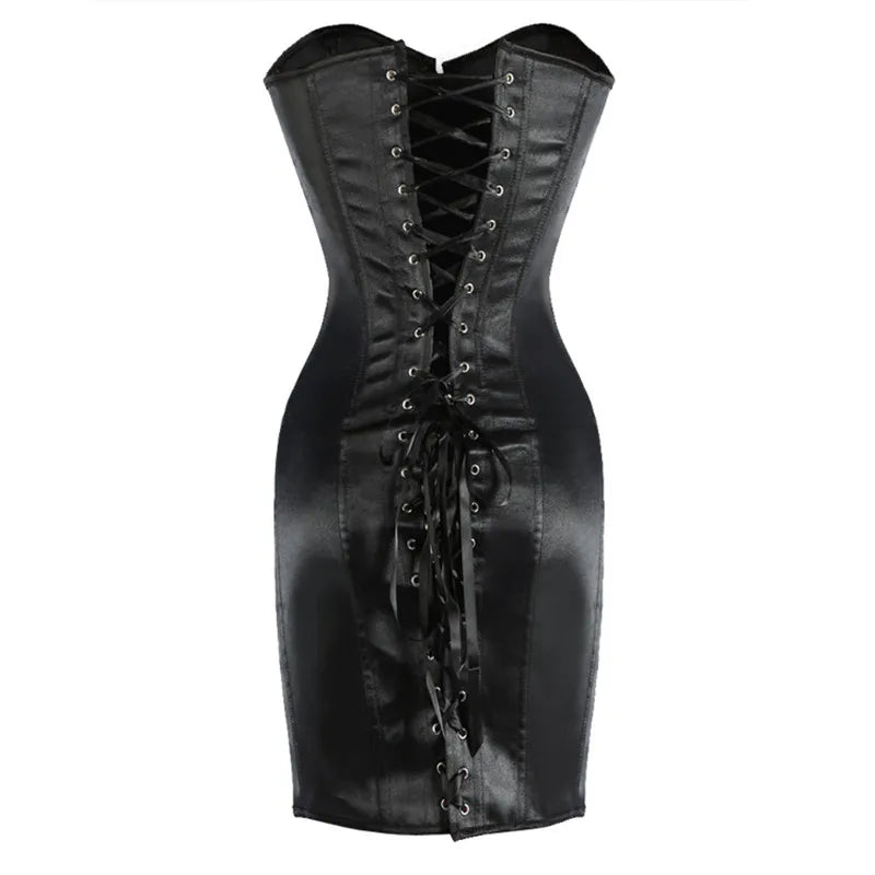 Steampunk PU Leather Overbust Corset Dress & Long Torso Waist Trainer