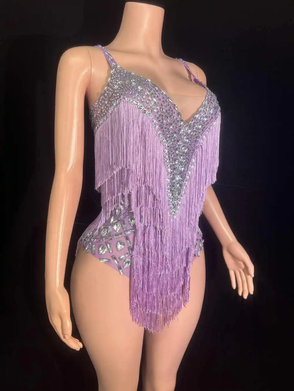 Sparkly Rhinestone & Tassel V-Neck Bodysuit Stage Performance Costume