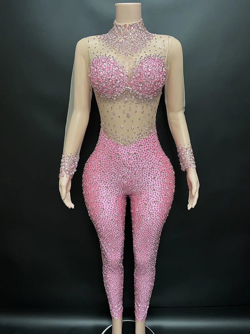 Women's Rhinestone Mesh Jumpsuit | Sheer Party & Stage Outfit