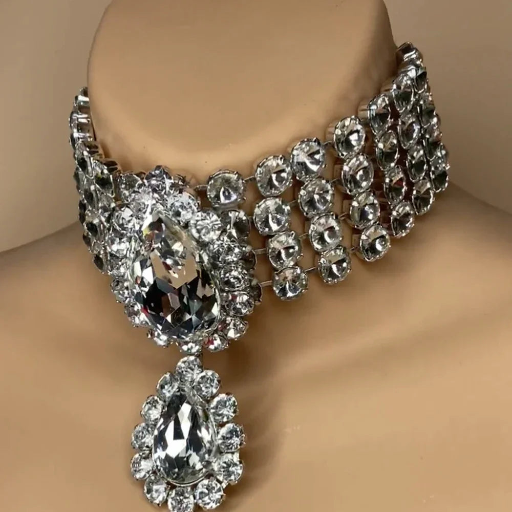 Layered Teardrop Rhinestone Statement Necklace