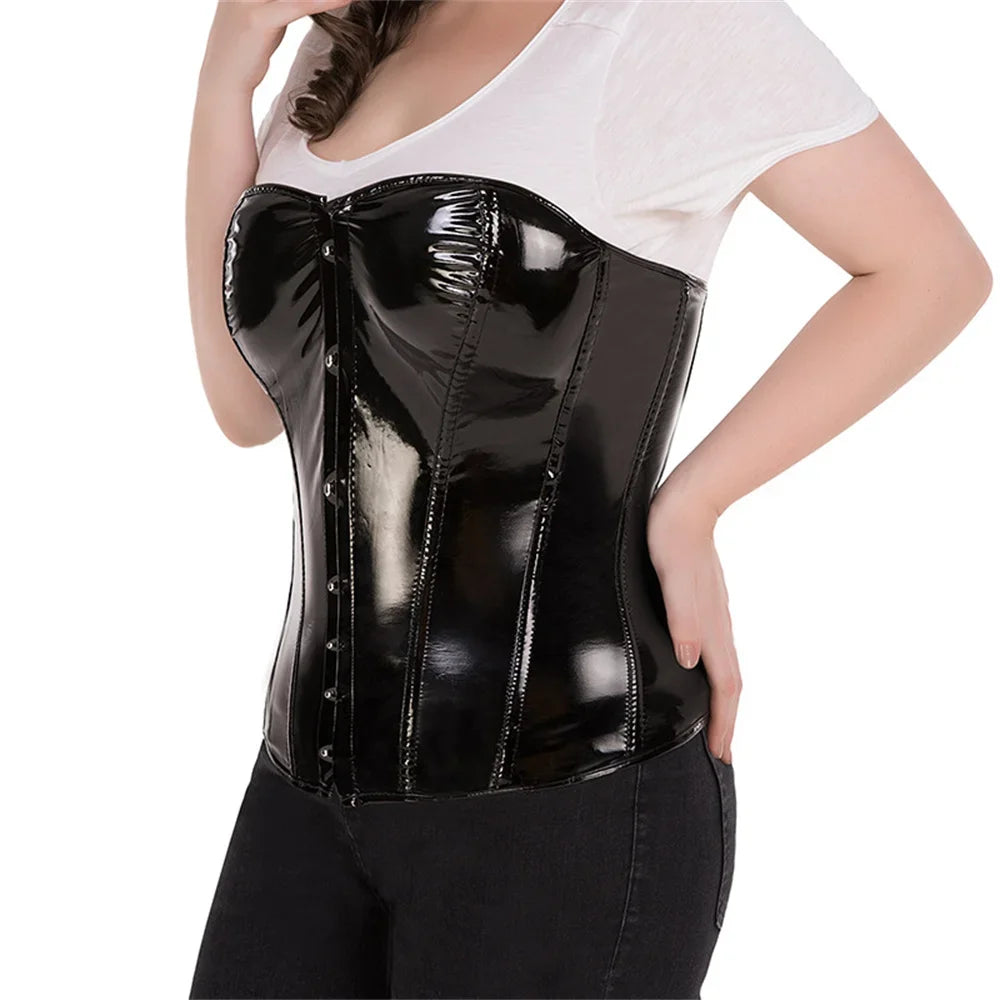 Steampunk PVC Leather Overbust Corset Front Busk Lace-Up Bustier Top