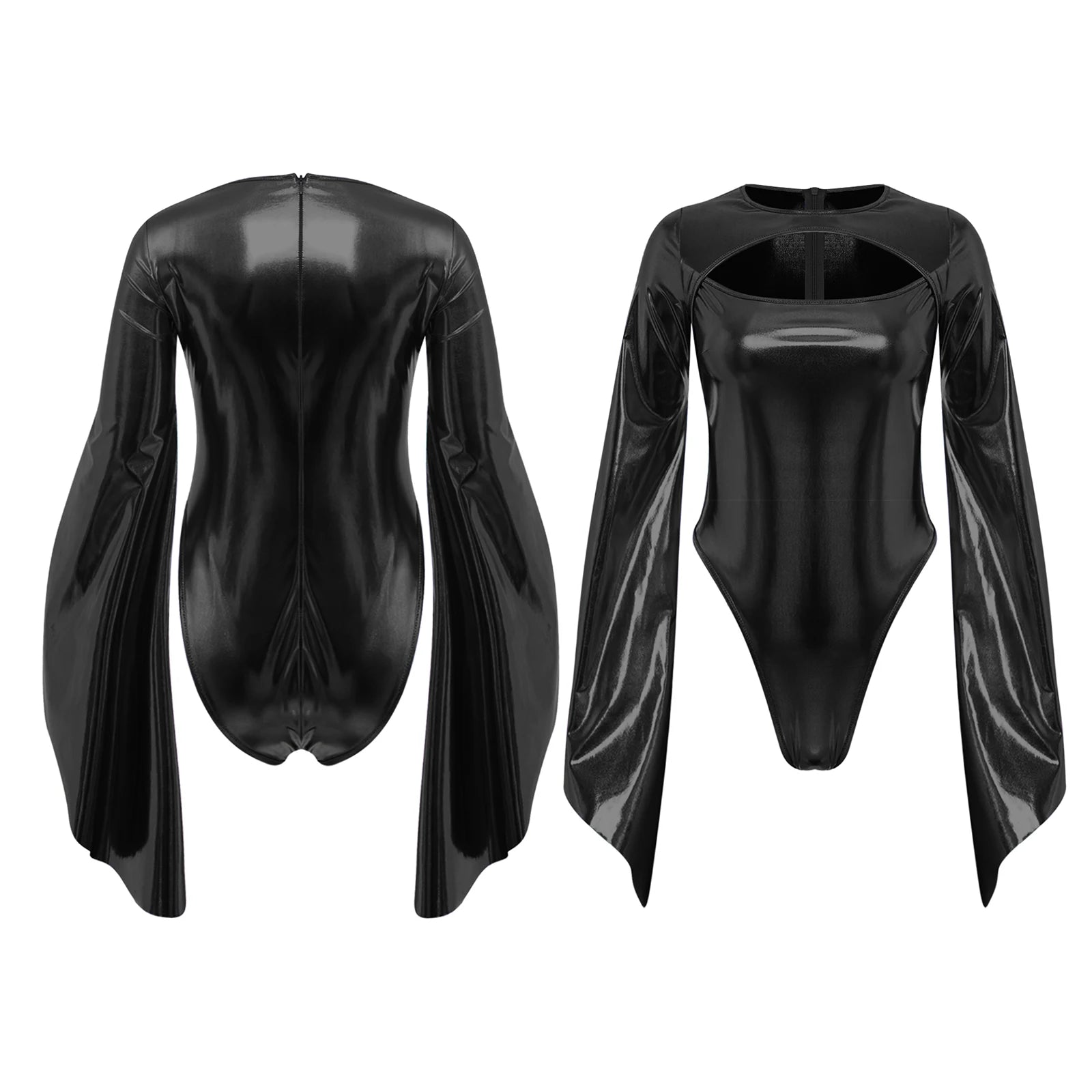 Metallic Flared Sleeve Cutout Disco Bodysuit & Metallic Rave Leotard