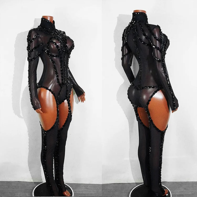 Rhinestone Mesh Jumpsuit Costume Set