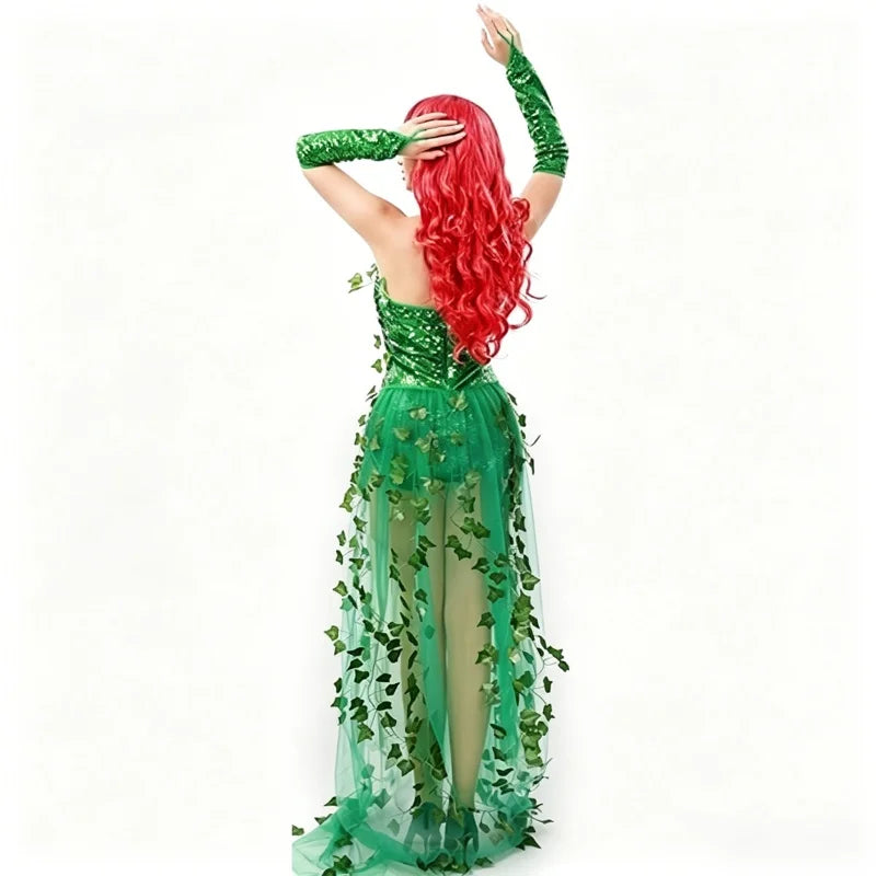 Emerald Ivy Leaf Sequin High-Low Gown & Gloves Sexy Botanical Villain Costume Set