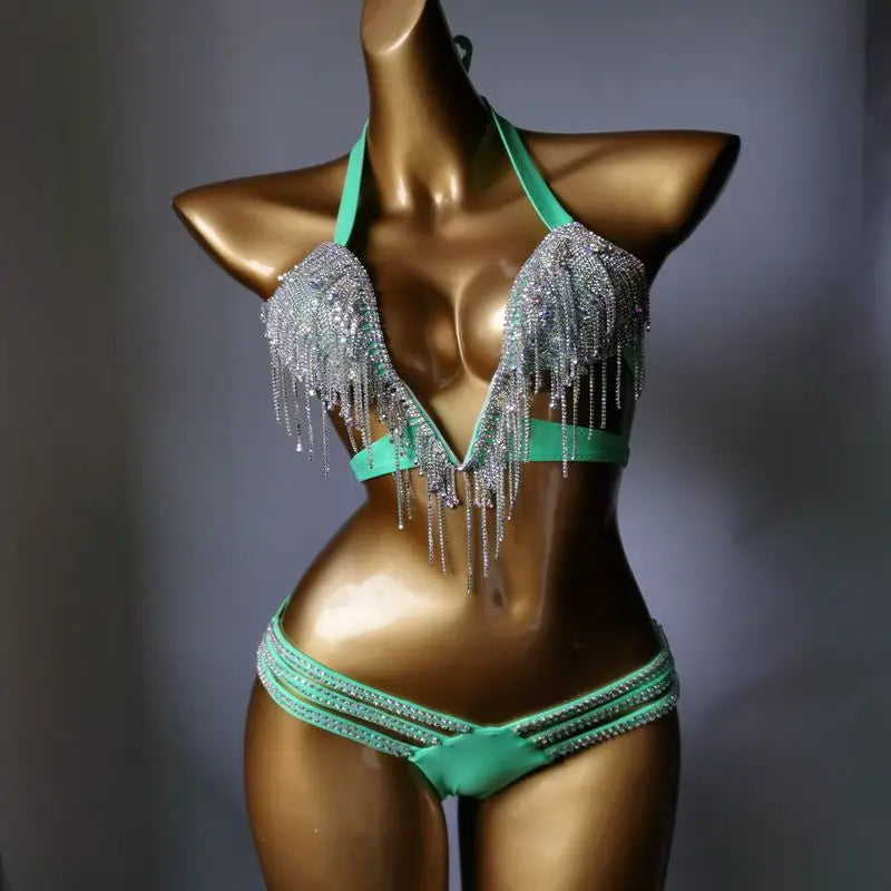 3-Piece Crystal Harness & Sheer Costume Set – Luxury Rhinestone Crop Top, Skirt & Wrap Set for Festivals, Raves & Stage Outfits