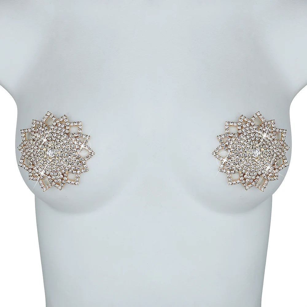 Sparkly Rhinestone Ornate Starburst Reusable Nipple Pasties Self-Adhesive Breast Covers