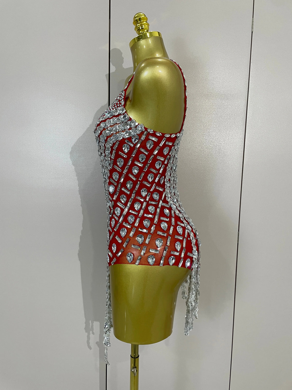 Rhinestone Long Tassel Mesh Bodysuit