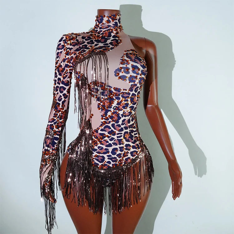 Leopard Sequin Fringe Asymmetrical Bodysuit One-Sleeve Stage Performance Costume