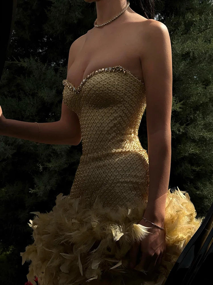 Gold Feather Trim Strapless Mini Dress