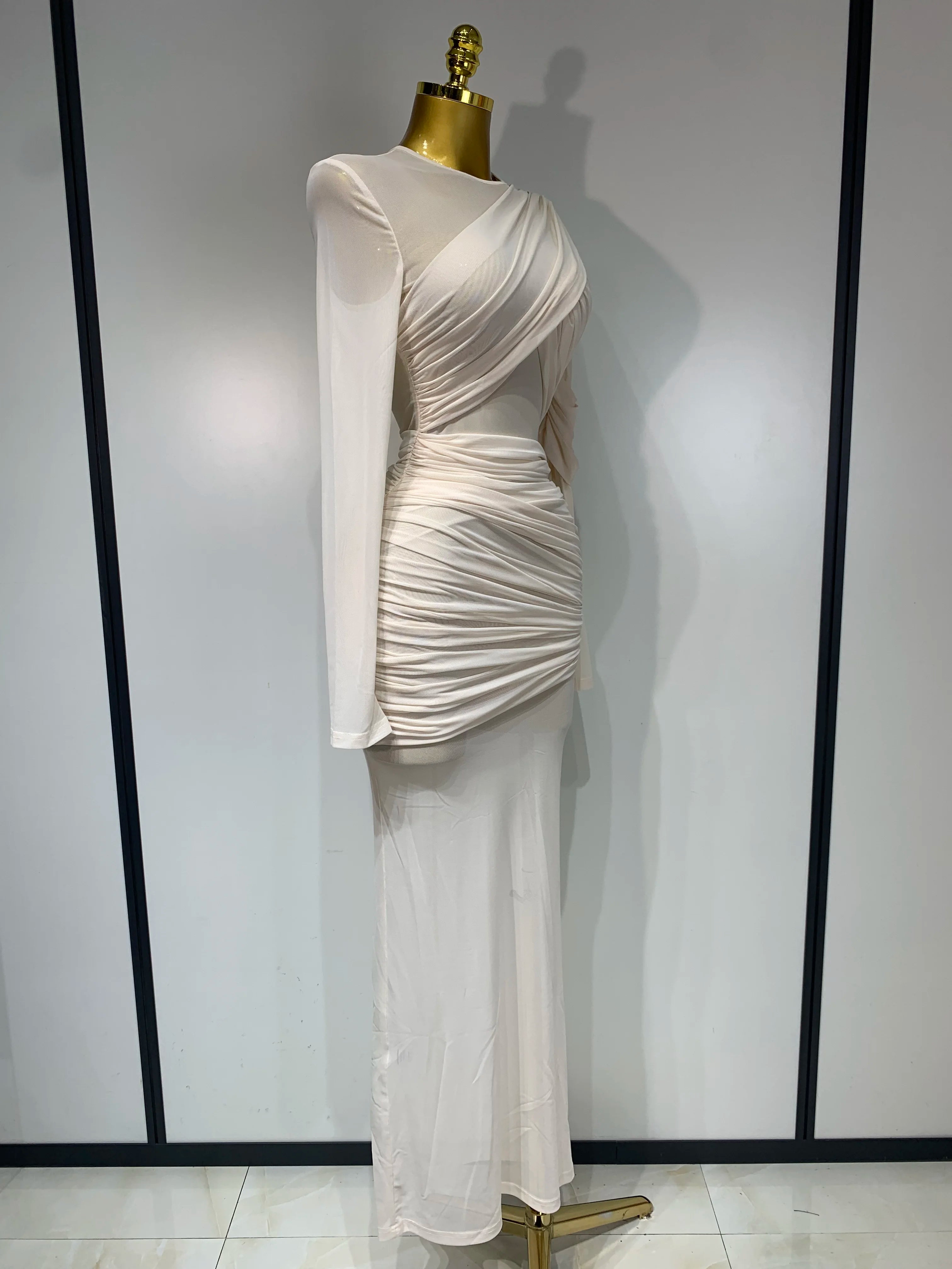Ruched Mesh Draped Bodycon Maxi Dress Long Sleeve Illusion Evening Gown
