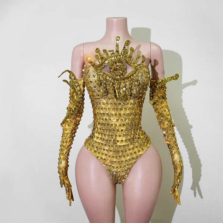 Sparkly Gold Rhinestone Bodysuit Sunburst Collar Spiked Glove Sleeves Costume