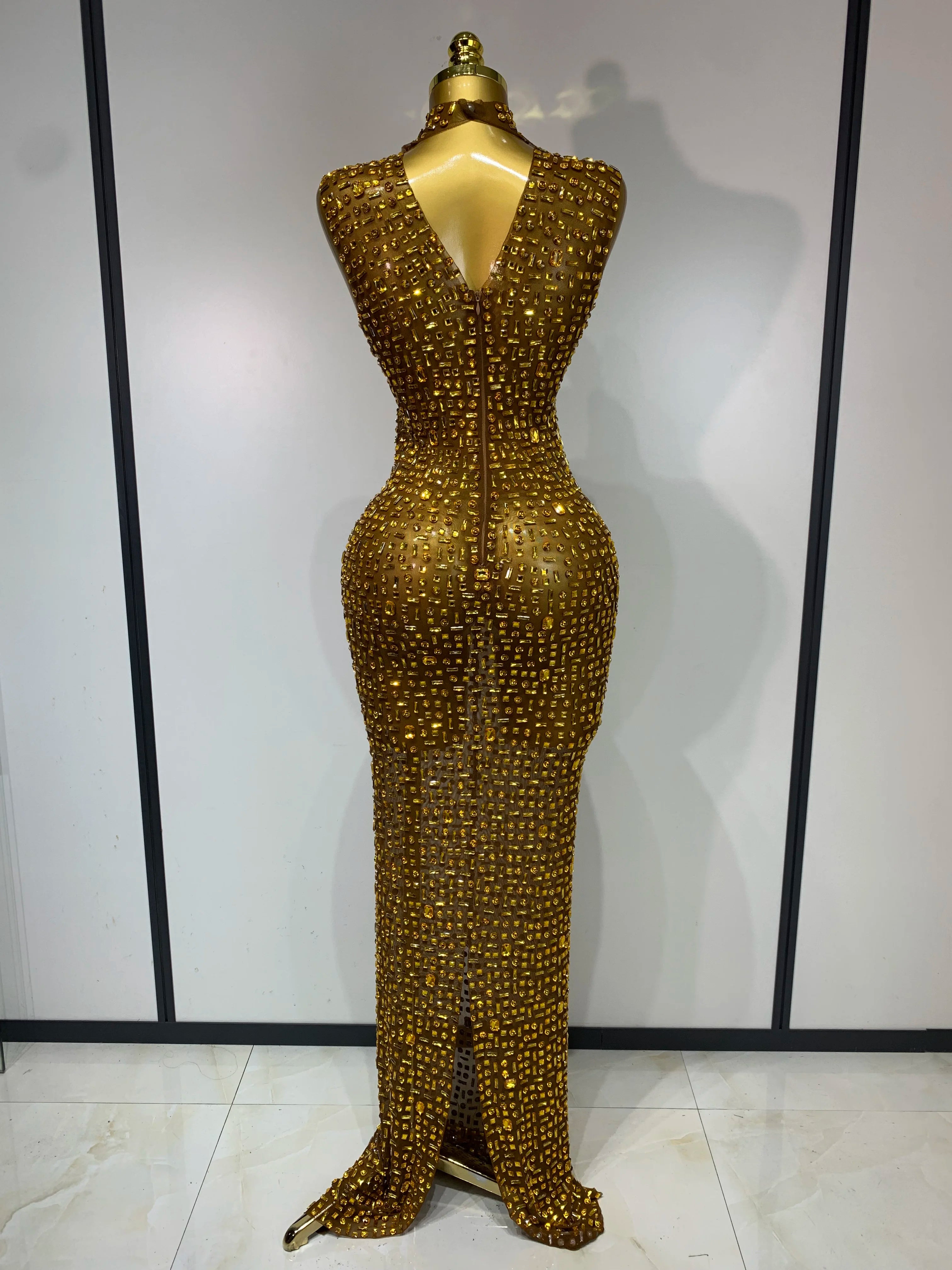 Sparkly Rhinestone Sleeveless Maxi Long Dress See-Through Sheer Mesh Stage Outfit