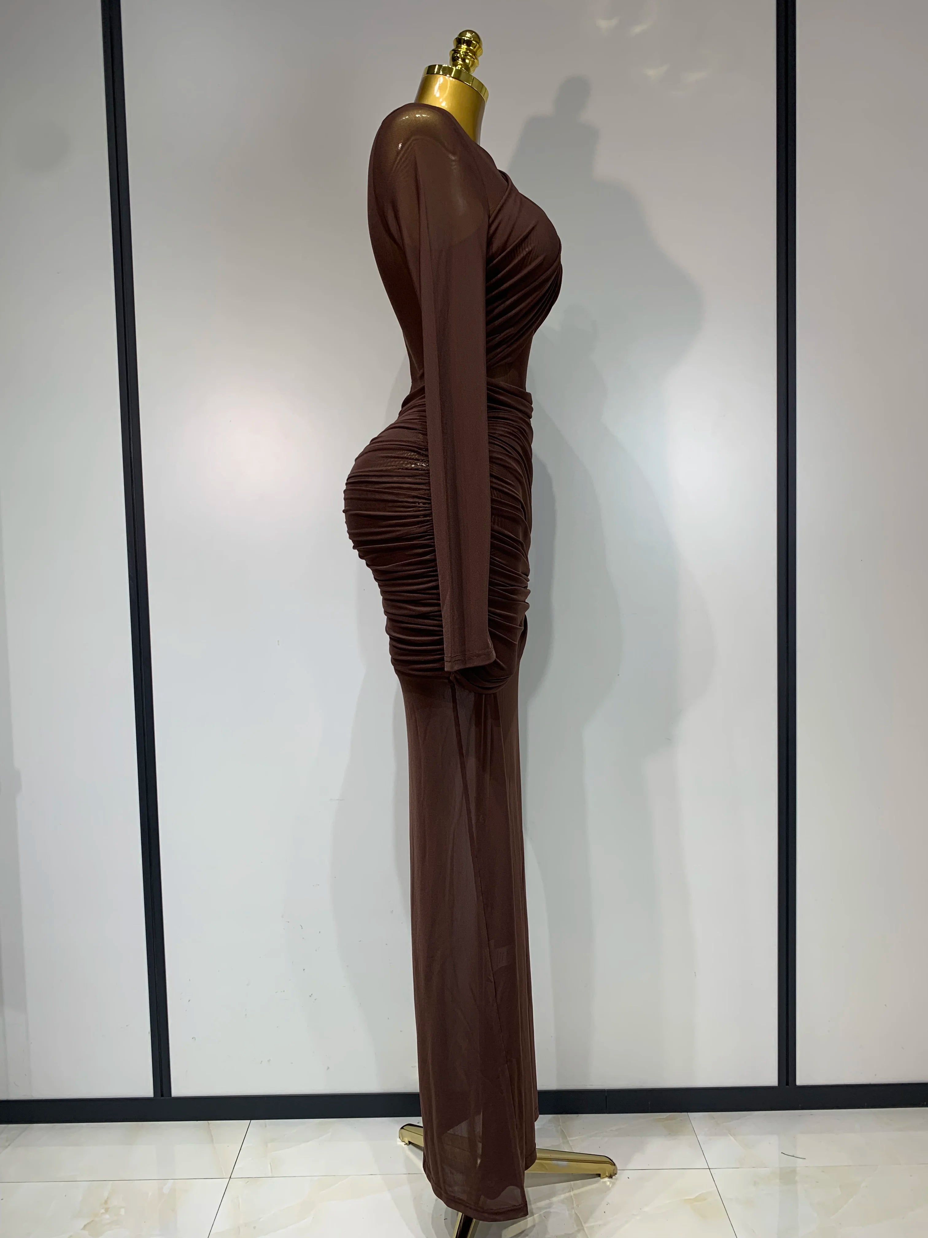 Ruched Mesh Draped Bodycon Maxi Dress Long Sleeve Illusion Evening Gown