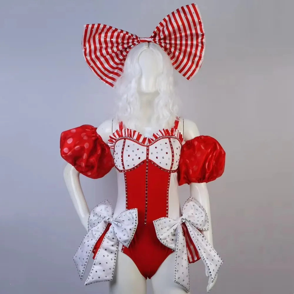 Red White Bow Rhinestones Bodysuit Women Candy Striped Headgear Costume Nightclub Dancer Team Performance Outfit