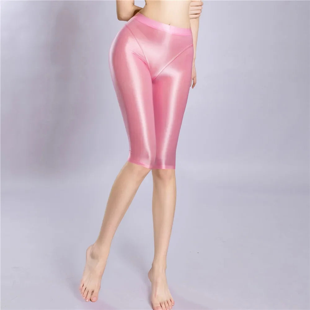 Women Shaping Short Stain Smooth Oil Glossy Shiny Elastic Shorts Sheer See Through Casual Plus Size Tight Yoga Short Maid Pant
