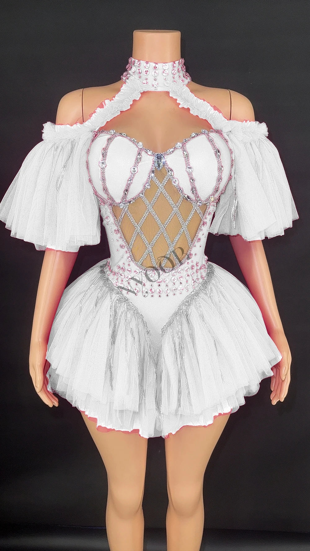 Sparkly Sequin Tassel Puff Sleeve Mesh Bodysuit Showgirl Stage Dance Leotard