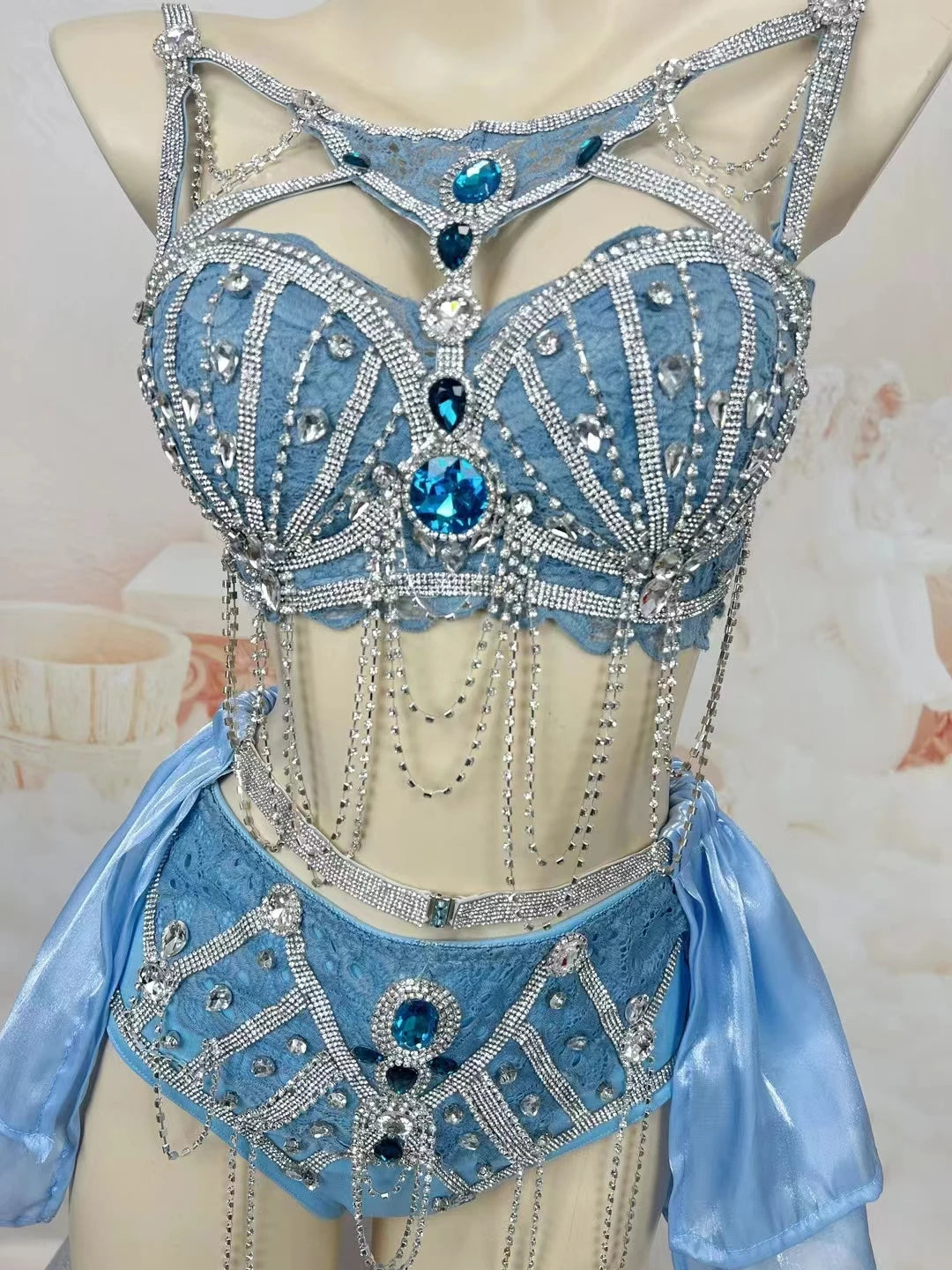 Sapphire Blue Rhinestone Bikini & Micro Skirt 2-Piece Stage Dance Costume Set