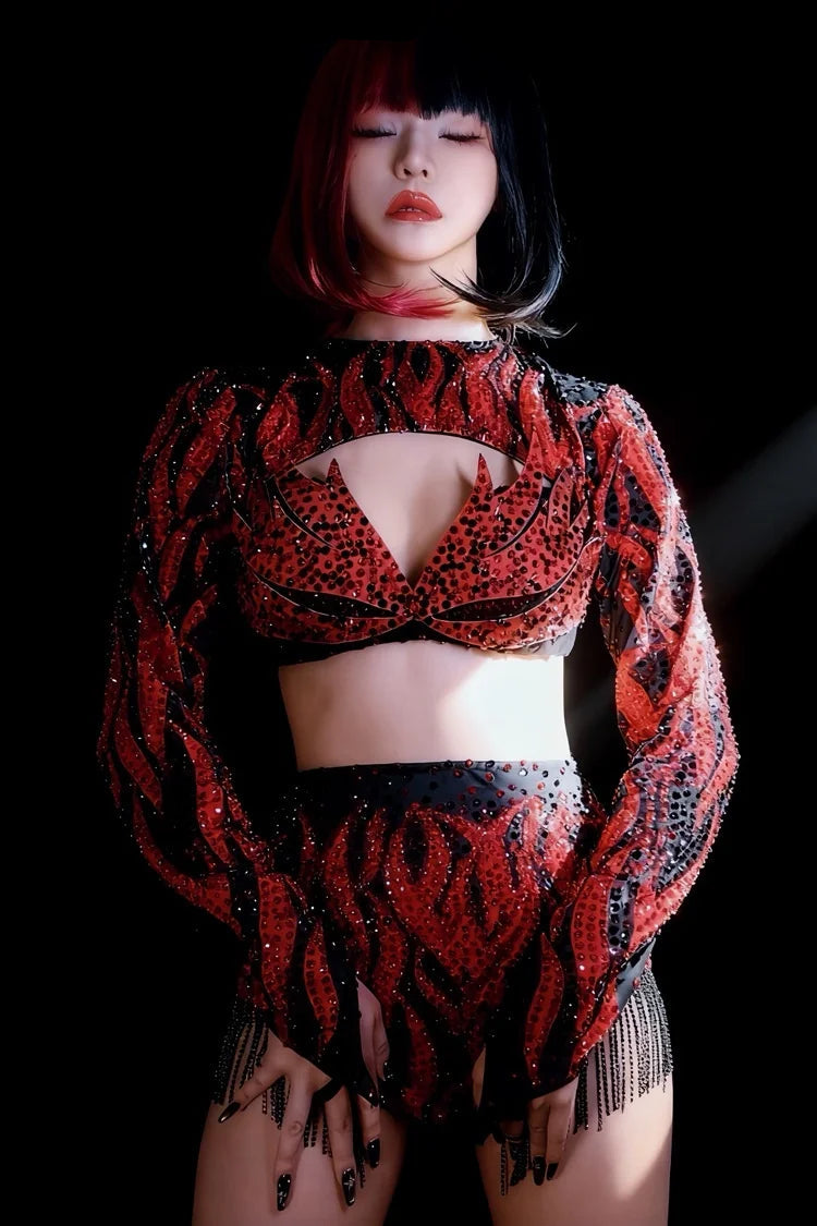 Crimson Red Crystal Cutout Crop Top & Shorts 2-Piece Stage Dance Costume Set