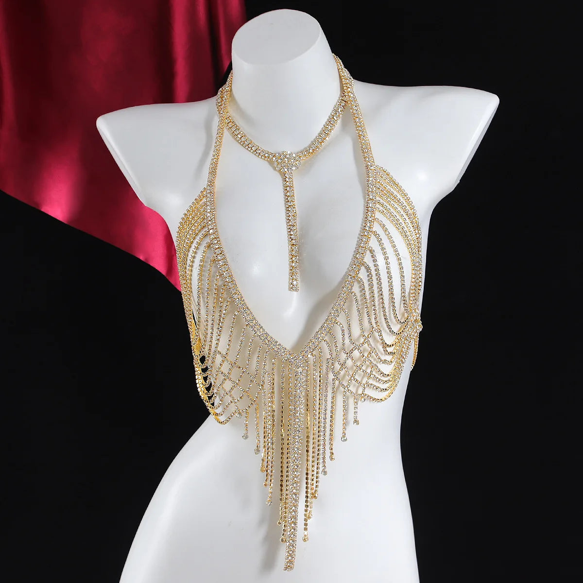 V-Shaped Halter Rhinestone Tassel Body Jewelry