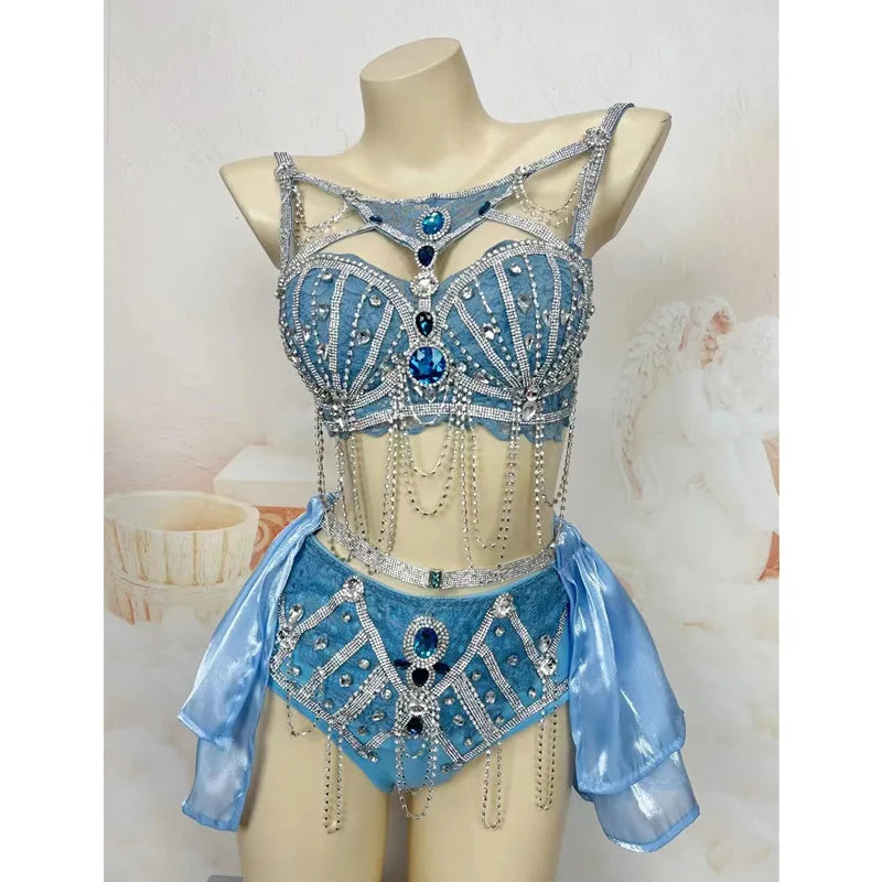 Nightclub Bar Sexy Stage Wear Blue Rhinestones Beading Bikini Gogo Dancer Electric Music Festival Outfit Party Show Costume