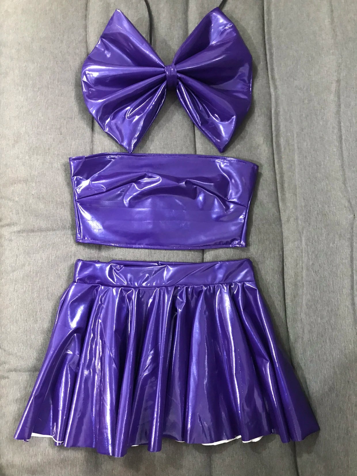 Patent Leather Bow Bralette, Pleated Mini Skirt & Headband 3-Piece Stage Dance Costume Set