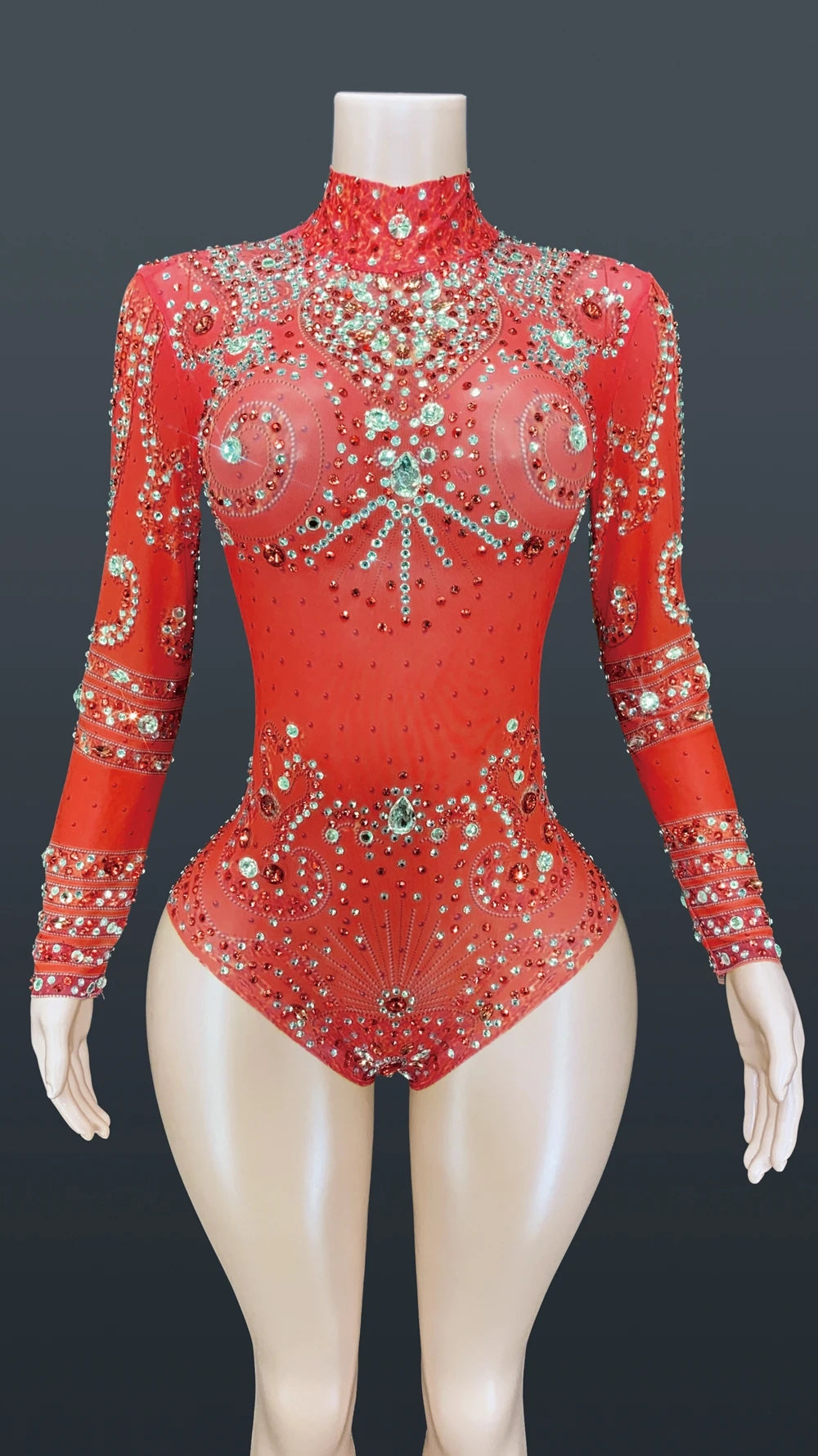 Sparkly Crystals Long-Sleeve Mesh Bodysuit Stage Performance Costume