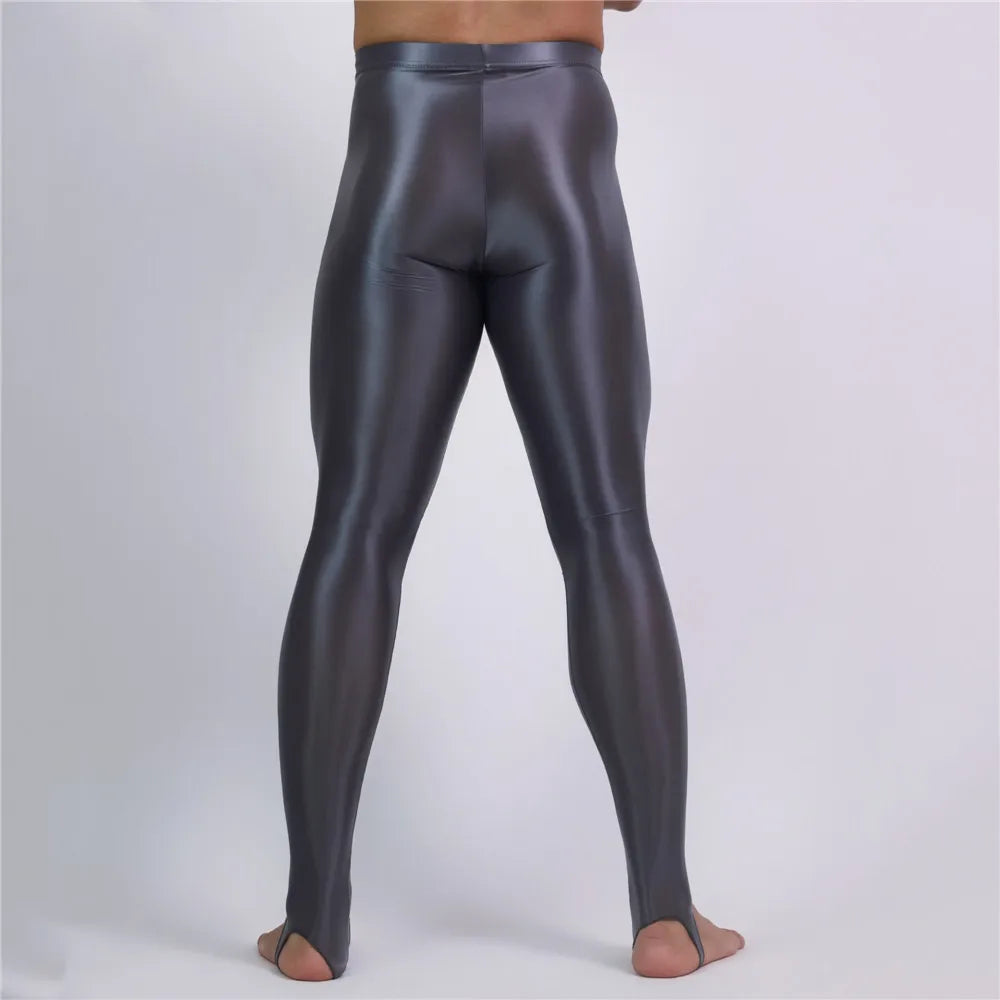 Men's Slim Tights Pencil Pants Stain Smooth  Oil Glossy Shiny Elastic Yoga Leggings Sheer See Through Full Pants Plus Size