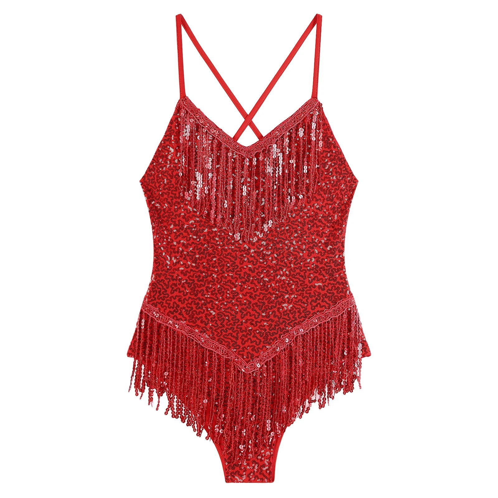 Sequins Fringed Cross Back Latin Dance Leotard Sleeveless V-Neck Bodysuit