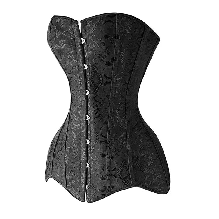 Steel Boned Long Torso Overbust Corset Top Gothic Vintage Floral Brocade Bustier