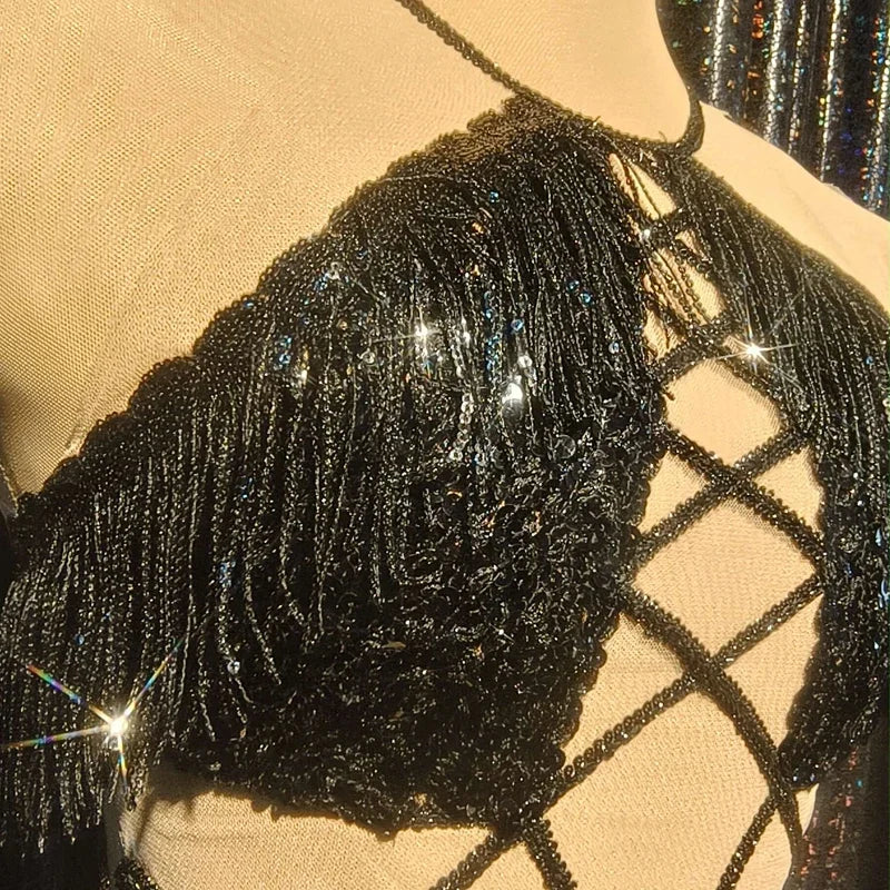 Black Sequin Cutout Fringe Mini Dress Crisscross Strappy Gogo Stage Costume