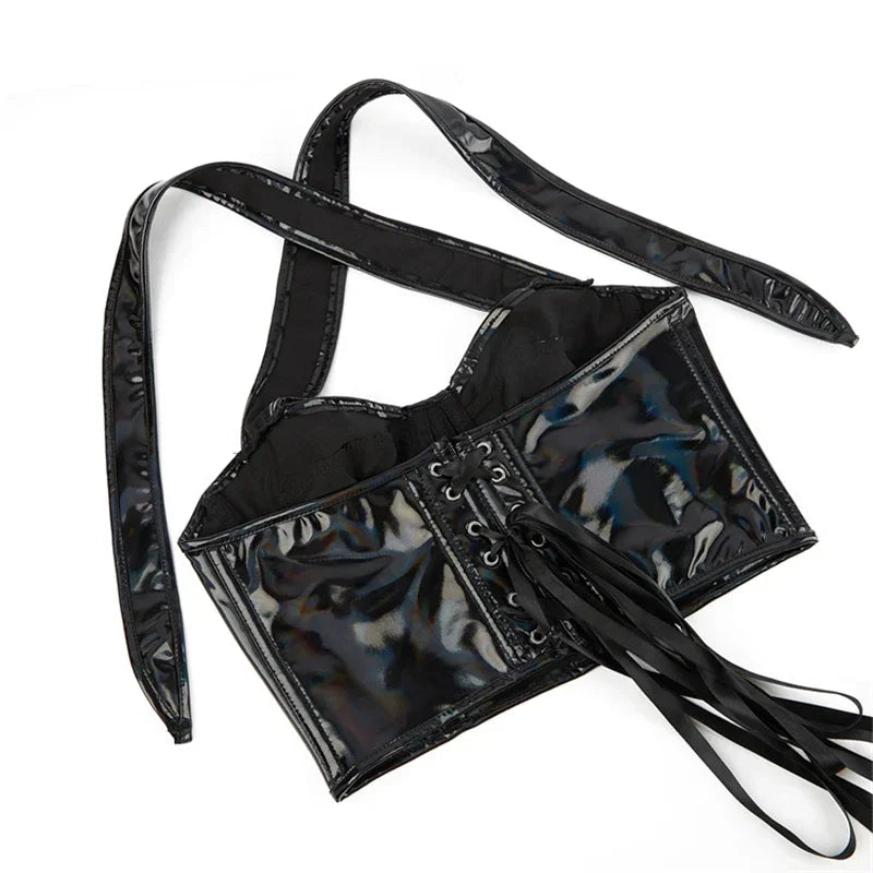 Black Shiny PU Leather Halter Corset Crop Top Push-Up Bustier Gothic Bra