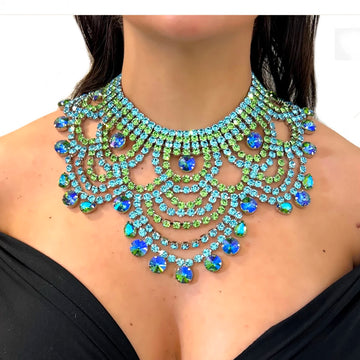 Oversized Aqua & Light Green Crystal Rhinestone Choker Drag Queen Pageant Necklace