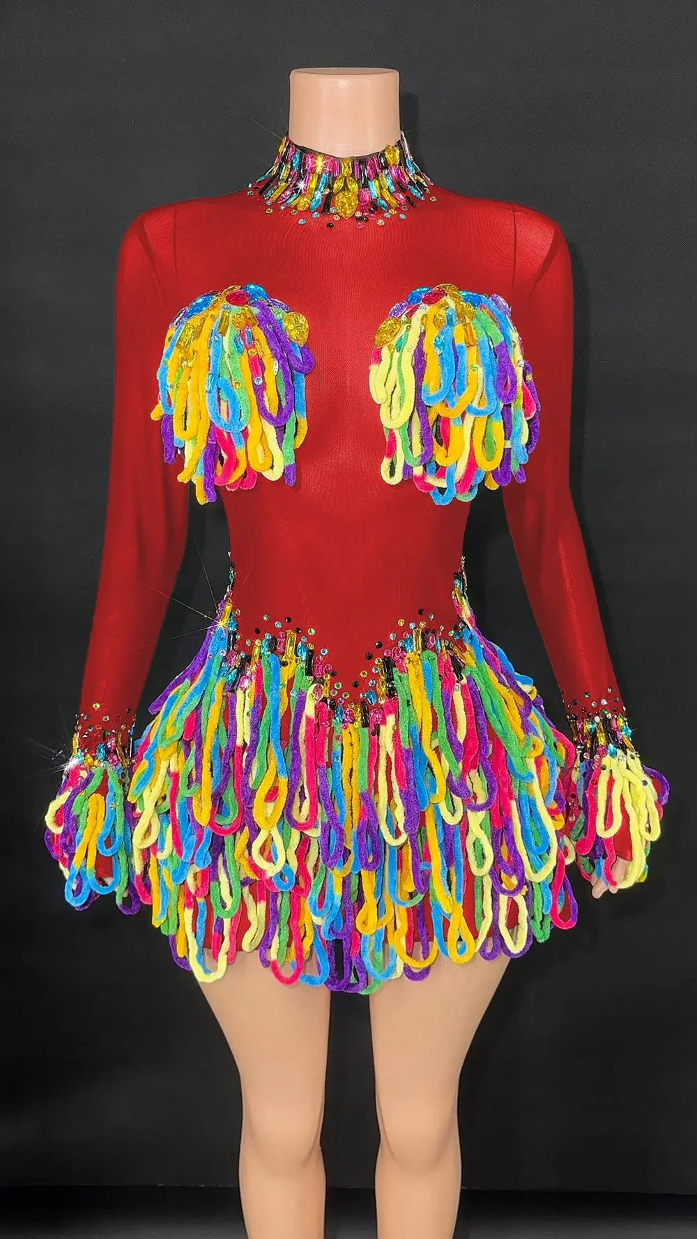 Rainbow Crystal Rhinestone Bodysuit Cascading Fringe Tassel Long-Sleeve Stage Costume