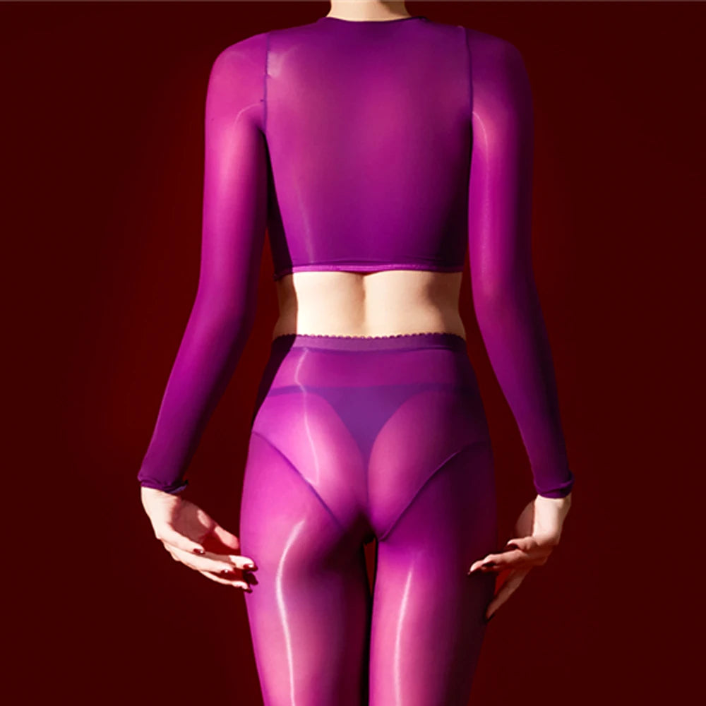 Sexy Women 5D 912 Pin Oil Glossy Shiny Short Top Elastic T-shirt Sheer See Through Maid Tights Crop Tops Yoga Street Wear