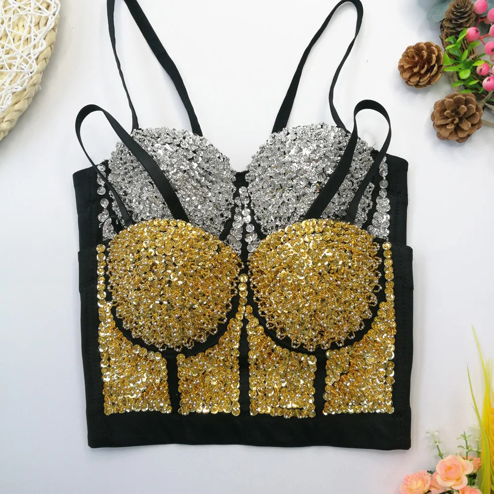 Gold Beaded Sequin Embroidery Bustier Corset Crop Top Party Bralette