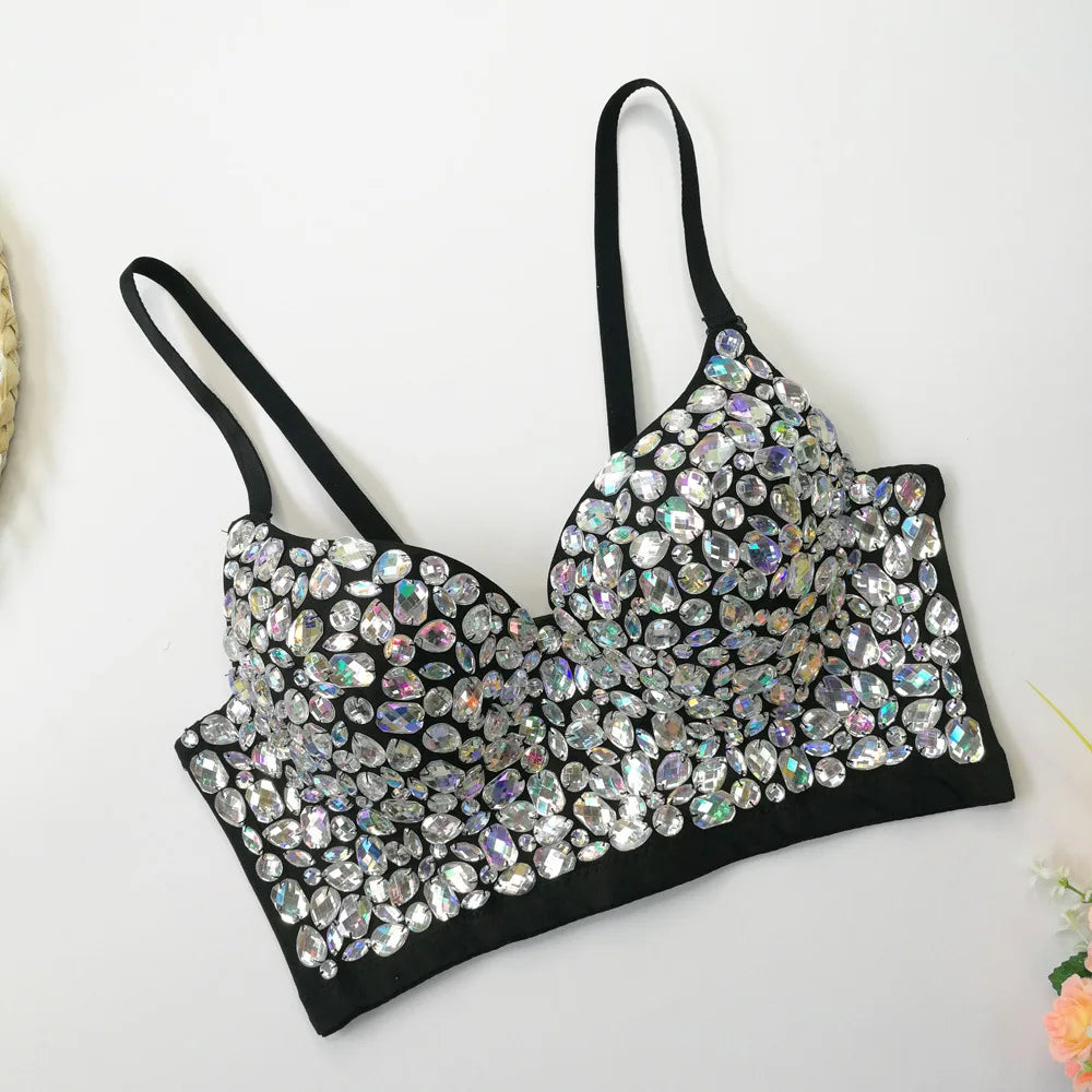 Rhinestone Glitter Bustier Corset Top Hook-and-Eye Nightclub Party Bralette