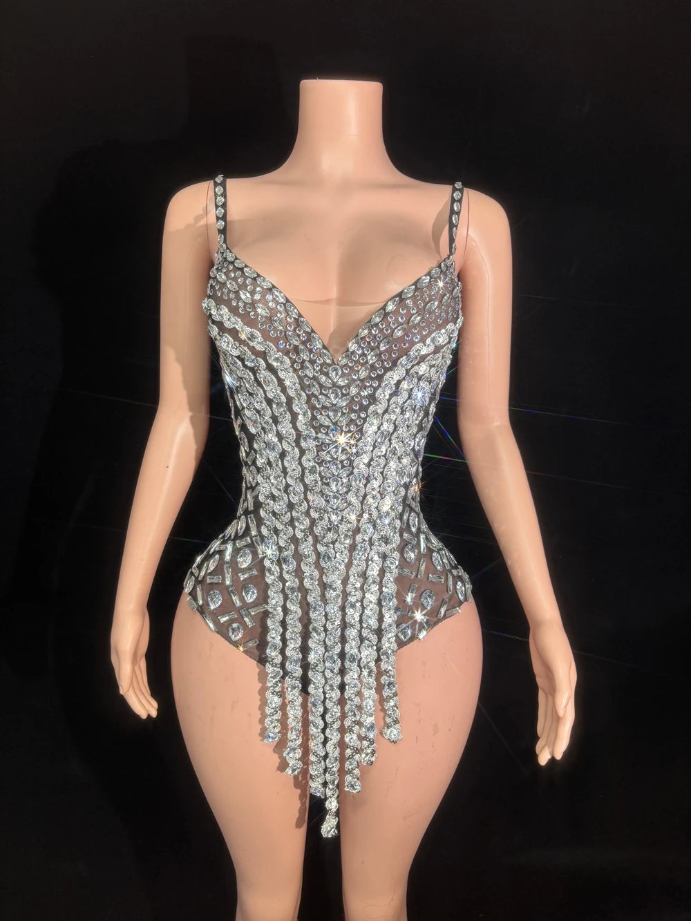 Sparkly Rhinestone Sequin Tassel Bodysuit Stage Performance Dance Leotard