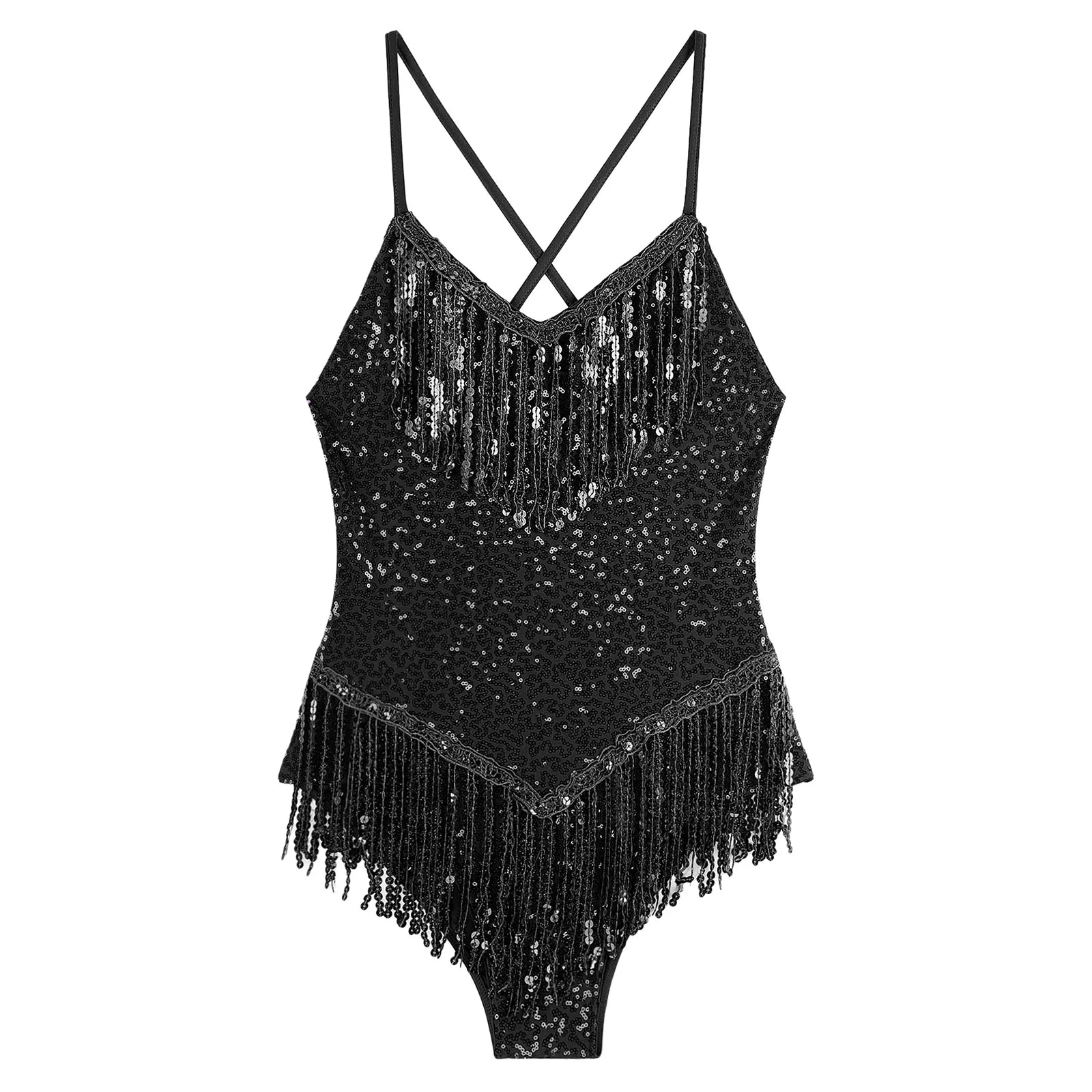 Sequins Fringed Cross Back Latin Dance Leotard Sleeveless V-Neck Bodysuit