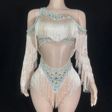 Sparkly Silver Crystal Rhinestone & Shoulder Fringe Bodysuit Stage Performance Costume